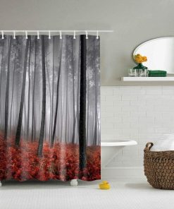 Boyouth Misty Forest and Red Plants Pattern Digital Print Shower Curtains for Bathroom Decor,Polyester Waterproof Fabric Bath Curtain with 12 Hooks,70x70 Inches,Multicolor