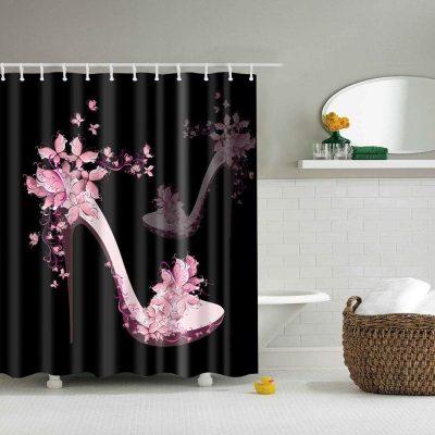 Boyouth Flower Butterfly High Heels Pattern Digital Print Black Shower Curtain for Bathroom Decor,Polyester Waterproof Fabric Bath Curtain with 12 Hooks,70x70 Inches,Multicolor