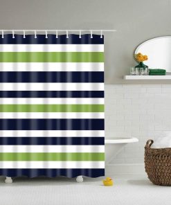 Boyouth Navy Blue,Green,White Stripe Pattern Digital Print Shower Curtains for Bathroom Decor,Polyester Waterproof Fabric Beach Bath Curtain with 12 Hooks,70x70 Inches,Multicolor