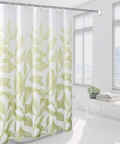 Shower Curtain Waterproof Mould Proof & Mildew Resistant Green Leaf Pattern Stripe Bathroom Curtains with 12 hooks,180x180cm(72x72Inch)
