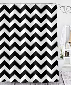 Striped Fabric Black and White Shower Curtain Set with Steel Hooks, Simple Modern Chevron Shower Curtains Bathroom Curtains Decor Mould Proof Resistant Weighted Waterproof, 180x180 cm
