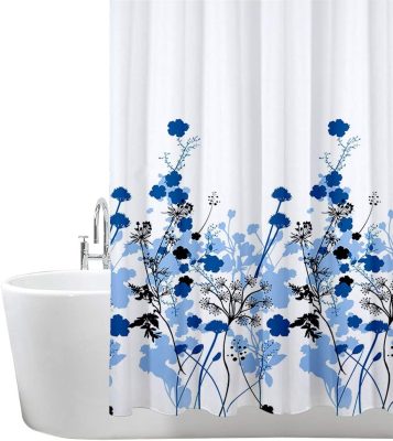 Shower Curtain for Bathroom - Mould and Mildew Resistant - Flower Pattern - Blue, 180 x 180 cm (71 x 71 Inch)  Water Repellant Fabric  100% Polyester