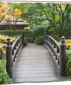 Wooden Bridge Outdoor Garden Shower Curtain, Quick-Drying Waterproof Outdoor Garden Decoration, Summer Autumn Bath Curtain with 12 Hooks, 180X180cm/ 71X71 inch