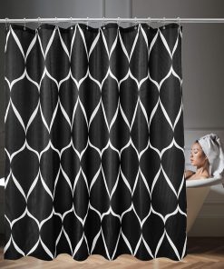Bathroom Shower Curtain Waterproof Anti Mould Mildew Resistant, Heavy Duty 100% Polyester Fabric Curtains Liner with 12 Curtain Hooks, Lattice Black, 180cm x 200cm