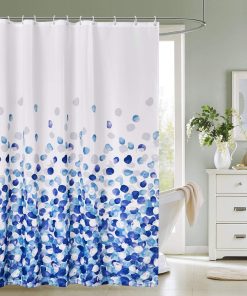 Bathroom Shower Curtain Waterproof Mould Free Mildew Resistant, Heavy Duty 100% Polyester Fabric Curtains Liner Washable & Wipe Clean with 12 Curtain Hooks, Blue Petals, 180x200cm