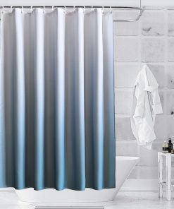 Bathroom Shower Curtain Waterproof Anti Mould Mildew Resistant, Heavy Duty 100% Polyester Fabric Curtains Liner with 12 Curtain Hooks, Gradient Blue & White, 180cm x 200cm