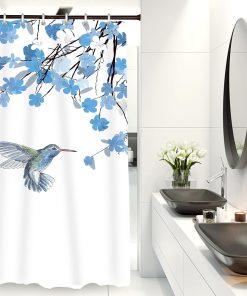 Blue Shower Curtain Bird Floral Shower Curtains 90x180cm Plant Bathroom Decoration Blue Shower Curtain Fabric Bath curtain With 12 Hooks Washable Quick-Drying Curtains