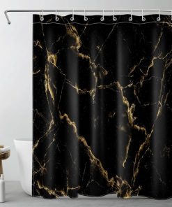 Black and Gold Marble Shower Curtain Abstract Geometric Shower Curtains for Bathroom Vintage Striped Polyester Anti Mould Waterproof Small Bath Curtain Set with Hooks,59x71 inches