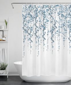 Spring Floral Shower Curtain Blue and Grey Flower with Leaf Shower Curtains for Bathroom Aesthetic Tree Polyester Anti Mould Waterproof Small Bath Curtain Set with Hooks,71Lx59W inches