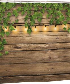 Vintage Wooden Board Door Shower Curtain, Rustic Green Leaves on Farmhouse Country Wood Plank Garden Decoration, Waterproof Quick-Drying Countryside Bath Curtain with Hooks, 180X180cm/ 71X71 in