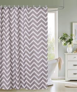 Bathroom Shower Curtain Waterproof Mould Free Mildew Resistant, Heavy Duty 100% Polyester Fabric Curtains Liner Washable & Wipe Clean with 12 Curtain Hooks, Chevron Zigzag Grey, 180x200cm