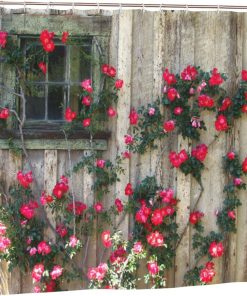 3D Garden View Shower Curtain, Outdoor Pink Flowers Wooden Scene Garden Decoration, Waterproof Quick-Drying Polyester Bath Curtain with 12 Hooks, 180X180cm/ 71X71 in