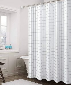 Shower Curtain Polyester Fabric Bathroom Curtains Mould proof Water Resistant Shower Curtains with Plastic Curtain Rings and Heavy Weighted Hem, 180x180cm(White Grid)