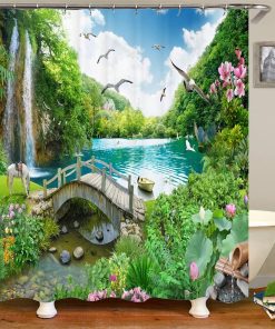 Spring Landscape Shower Curtain Running Waterfall Wooden Bridge Various Animal Printed Bathroom Decoration Waterproof Fabric Curtains with Hooks 180x180cm (3)
