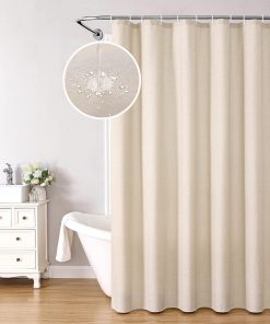 Shower Curtain Waterproof Anti Mould Resistant- Linen Textured Decorative Bathroom Shower Curtains with 12 Hooks 180x180cm, Beige/Cream