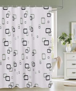 Bathroom Shower Curtain Waterproof Mould Free Mildew Resistant, Heavy Duty 100% Polyester Fabric Curtains Liner Washable & Wipe Clean with 12 Curtain Hooks, Grey & White Squares, 180x200cm