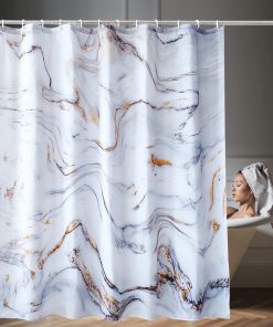 Bathroom Shower Curtain Waterproof Anti Mould Mildew Resistant, Heavy Duty 100% Polyester Fabric Curtains Liner with 12 Curtain Hooks, 180cm x 180cm, White & Grey Marble Pattern