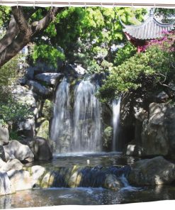 Waterfall Scenery Garden Shower Curtain, Waterproof Polyester Fabric Pavilion Bathroom Shower Curtain, Summer Bath Room Bathtub Curtain with 12 Hooks, 180X180cm