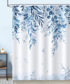 Blue Eucalyptus Leaves Shower Curtain Watercolor Plant Leaf Bathroom Curtain 180 x 180 cm Waterproof Mildew & Mould Resistant Polyester Fabric Bath Curtain with 12 Hooks