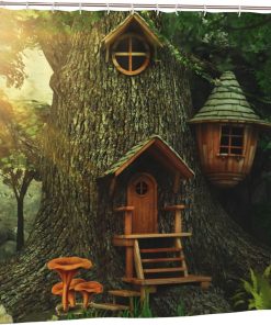 Woodland Outdoor Garden Shower Curtain, Tree House Decor Bathroom Shower Curtain, Kids Fantasy Cartoon Art Waterproof Shower Curtain with 12 Hooks, 180x180cm