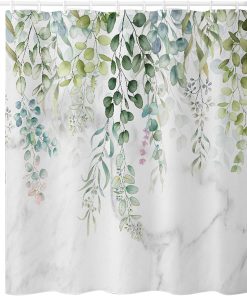 180 x 200cm Polyester Shower Curtains Mould Mildew Resistant, Bathroom Curtain Washable with 12 Hooks, Quick Drying Bathtub Curtain Printed with Plants Leaves