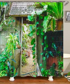 Tropical Plant Wooden Farmhouse Shower Curtain Green Banana Leaves Garden Landscape Bathroom Decor Waterproof Bath Curtains with Hooks 180x180cm (6)