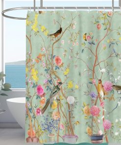 Shower Curtain Mould Proof Resistant Wet Room Shower Curtain 100% Polyester Waterproof Bathroom Curtains Floral Shower Curtain Scenery with 12 Hooks, 180 x 180 cm (Butterfly Bird Flower)