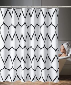 Bathroom Shower Curtain Waterproof Anti Mould Mildew Resistant, Heavy Duty 100% Polyester Fabric Curtains Liner with 12 Curtain Hooks, Lattice Black & White, 180cm x 200cm
