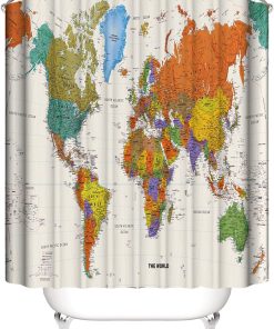 World Map Bathroom Shower Curtains Fabric Shower Curtain Waterproof Curtains for Bathroom Quick-Drying Kitchen Curtains Machine Washable with 12 Hooks-Multi-Color 180CM*180CM-World Map