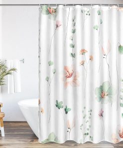 Waterproof Fabric Shower Curtain Anti Mould with Hooks, 183x183cm Modern Watercolor Floral Shower Curtain Set, Weighted Bath Curtains Washable Sage Green Flower Bathroom Curtains Mould Proof