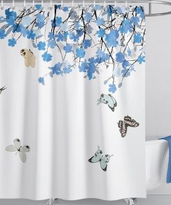 Blue Shower Curtain Butterfly Floral Shower Curtains Plant Bathroom Decoration Fabric Bath curtain With 12 Hooks Washable Quick-Drying Curtains