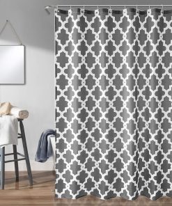 Shower Curtain Polyester Fabric Bathroom Curtain Mould & Mildew Resistant With 12 Curtain Hook Waterproof Bath Curtain 180 x 180cm Long Shower Curtain Liner Washable, Grey Trellis
