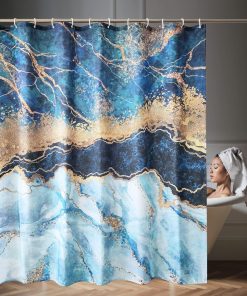 Bathroom Shower Curtain Waterproof Anti Mildew Mould Resistant, Heavy Duty 100% Polyester Fabric Curtains Liner with 12 Curtain Hooks, 180cm x 200cm, Golden Cracked Lines