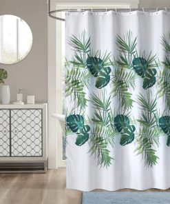 Bathroom Shower Curtain Waterproof Mould Free Mildew Resistant, Heavy Duty 100% Polyester Fabric Curtains Liner Washable & Wipe Clean with 12 Curtain Hooks, Tropical Palm Leaves, 180x200cm