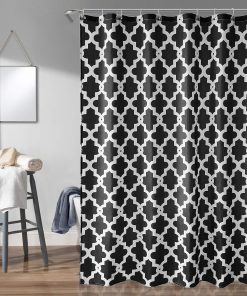Shower Curtain Polyester Fabric Bathroom Curtain Mould & Mildew Resistant With 12 Curtain Hook Waterproof Bath Curtain 180 x 180cm Long Shower Curtain Liner Washable, Black Trellis