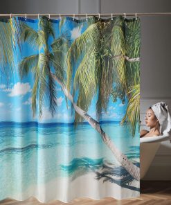 Bathroom Shower Curtain Waterproof Anti Mildew Mould Resistant, Heavy Duty 100% Polyester Fabric Curtains Liner with 12 Curtain Hooks, 180cm x 200cm, Tropical Palm Tree