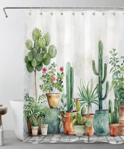 Succulent Plant Shower Curtain Farmhouse Green Cactus Shower Curtains for Bathroom Garden Botanical Polyester Anti Mould Waterproof Small Bath Curtain Set with Hooks,71Lx59W inches