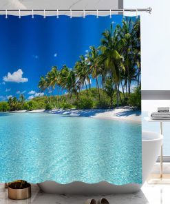 Summer Beach Coconut Palm Tree Shower Curtain 180x200cm, Tropical Island Blue Sky Limpid Water Ocean Shower Curtain for Bathroom, 71"x79"