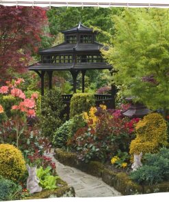 3D Garden View Shower Curtain, Flowers Trees Outdoor Nature Scenery Garden Decoration, Quick-Drying Polyester Waterproof Bath Shower Curtain Bathroom Decor with Hooks, 180X180cm/ 71X71 in