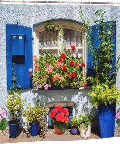 3D Printing Home Garden Flowers Shower Curtain, Blue Window Garden Decoration, Waterproof Quick-Drying Polyester Fabric Bathroom Curtain with 12 Hooks, 180X180cm/ 71X71 in