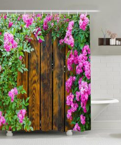 3d Shower Curtain for Garden Scene Wood Fence Flowers, Garden Curtains Outdoor Nature Scenery Waterproof Cloth Fabric Bathroom Decor Set with Hooks 180x180cm
