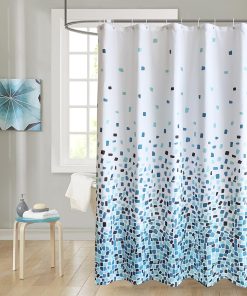 Bathroom Shower Curtain Waterproof Mould Free Mildew Resistant, Heavy Duty 100% Polyester Fabric Curtains Liner Washable & Wipe Clean with 12 Curtain Hooks, Mosaic Blue, 180x200cm