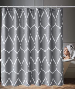 Bathroom Shower Curtain Waterproof Anti Mould Mildew Resistant, Heavy Duty 100% Polyester Fabric Curtains Liner with 12 Curtain Hooks, Lattice Dark Grey, 180cm x 200cm