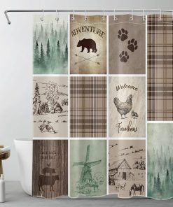 Vintage Farmhouse Shower Curtain Rustic Animal Green Forest Shower Curtains for Bathroom Country Patch Polyester Anti Mould Waterproof Small Bath Curtain Set with Hooks,71Lx59W inches