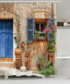 3D Garden Shower Curtain, Fresh Plant Countrylife Style Retro Old Stone Wall Floral Basket Door Scenery with Green Plants, Scenery Bathroom Decoration Curtains with Hook 180x180cm