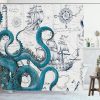 Cool Octopus Shower Curtain Anime Nautical Shower Curtain Teal Kraken Shower Curtain Sailboat Pirate Shower Curtain Polyester Waterproof Shower Curtain 72x72 Inch…