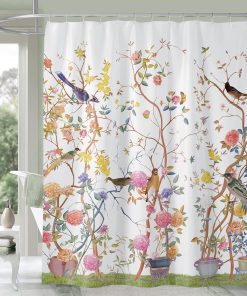 Shower Curtain White Mould Proof Resistant Waterproof Bird Floral Bathroom Curtains with 12 hooks Quick-Drying Weighted 180x180cm (71x71Inch) Polyester Shower Curtains for Bathroom Wet Room Tub