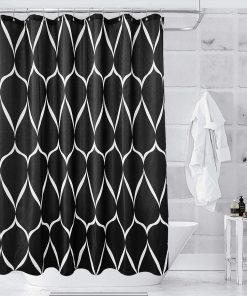 Shower Curtain Polyester Fabric Bathroom Curtain Mould & Mildew Resistant With 12 Curtain Hook Waterproof Bath Curtain 180 x 180cm Long Shower Curtain Liner, Lattice Design - Black