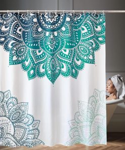 Bathroom Shower Curtain Waterproof Anti Mould Mildew Resistant, Heavy Duty 100% Polyester Fabric Curtains Liner with 12 Curtain Hooks, 180cm x 200cm, Mandala Flower Pattern