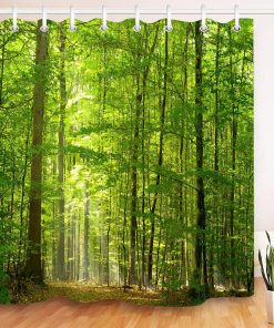 Woodland Decor Shower Curtain Set Deciduous Forest in Summertime Foliage Sunlight Romantic Holidays Scenics Bathroom Accessories 180x180CM Green Yellow